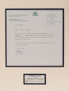 DAWN FRASER: Display celebrating Fraser's Swimming Gold Medal win in the 100m Freestyle where she claimed a new Olympic and World Record time of 62 seconds; the display featuring Fraser's signature on 1990 NSW Parliament letterhead whilst serving as an In