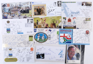 1987-2007 various signed envelopes, etc., mostly souvenirs of special events with numerous signatures. Noted Lillee, Thomson, Trueman, Bailey, Barlow, McGlew, Rowan, Benaud, Boykott, Greig and many more. Mixed condition. 