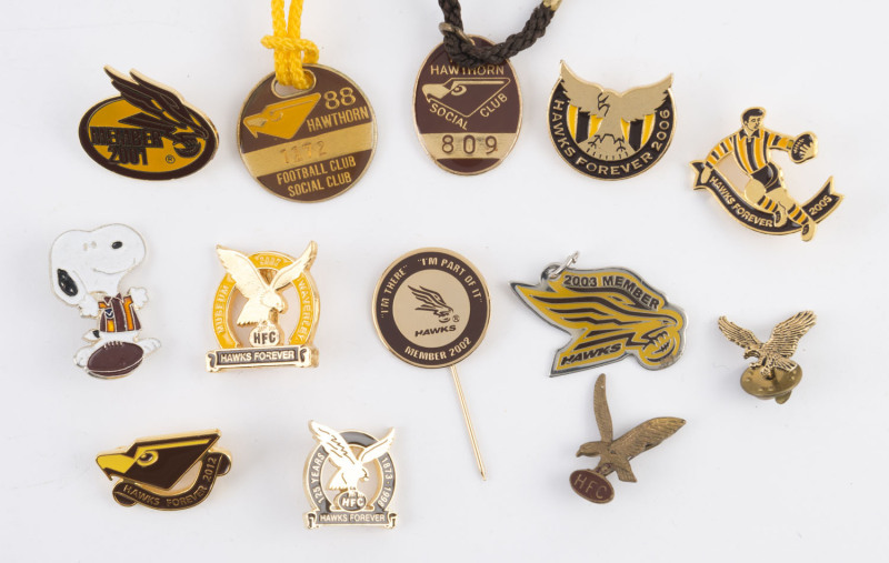 HAWTHORN FOOTBALL CLUB: 1970s - 2000s range of Membership fobs, badges and a pin. (13 items).