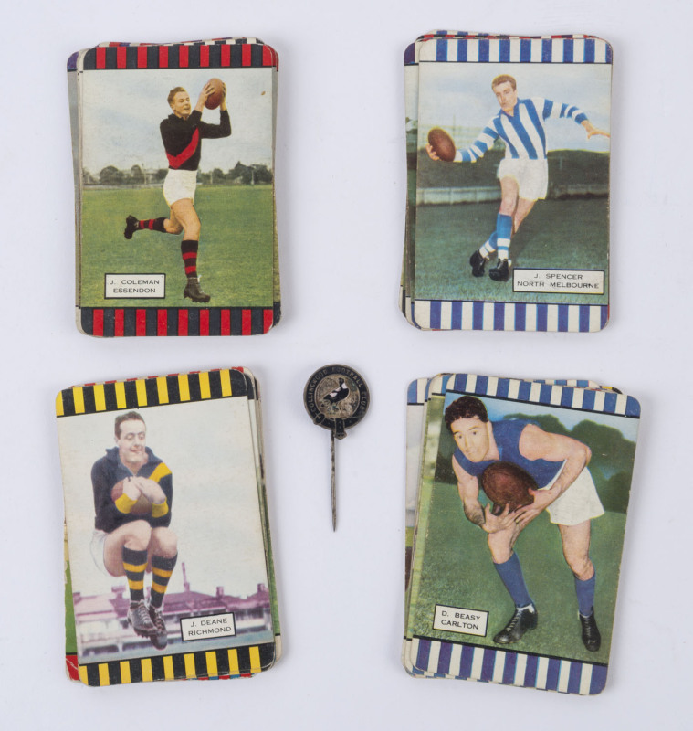 1954-55 Coles "Footballers" (plain backs) [28/56] including John Coleman & Lou Richards; also 'Exclusive Coles Production' on backs, on white card [13/56] or on cream card [4/56]; pencilled annotations of player positions on reverse of all cards, generall