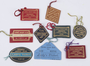 COWRA JOCKEY CLUB: A range of "Lady's Tickets" for 1909, 1910, 1911, 1912, 1914, 1921, 1926, 1927 and 1929. All fine, except the first, which has a vertical crack. (9 items). A particularly rare group.