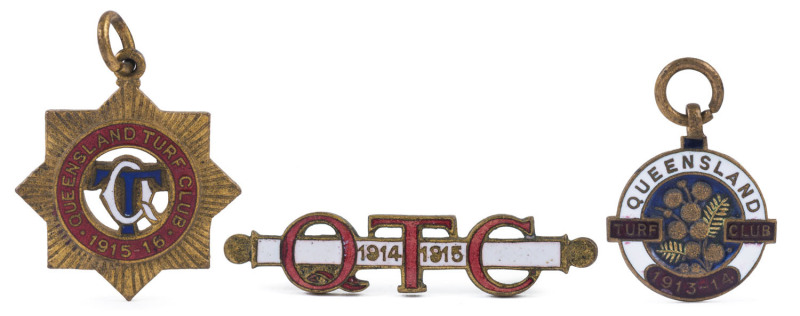 QUEENSLAND TURF CLUB: 1913-14, 1914-15 and 1915-16 Membership fobs and a badge. (3 items).