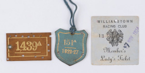 VICTORIA RACING CLUB 1921-22 "Lady Ticket" (brown leather with gold embossed number "1,439A"); Williamstown Racing Club Nov.1924 "Member's Lady's Ticket" (card numbered "13"); Williamstown Racing Club 1926-27 "One Lady" membership fob (blue leather with gold embossed number "151A". (3 items).