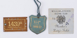 VICTORIA RACING CLUB 1921-22 "Lady Ticket" (brown leather with gold embossed number "1,439A"); Williamstown Racing Club Nov.1924 "Member's Lady's Ticket" (card numbered "13"); Williamstown Racing Club 1926-27 "One Lady" membership fob (blue leather with g