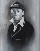 DON BRADMAN, original signature on a fine original oil painting of him in his Australian team cap and blazer. Artist unknown. Framed, overall 60.5 x 50.5cm.