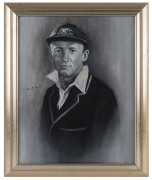 DON BRADMAN, original signature on a fine original oil painting of him in his Australian team cap and blazer. Artist unknown. Framed, overall 60.5 x 50.5cm. - 2