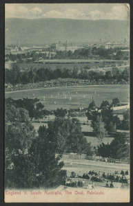 POSTCARDS: early 1900s real-photo cards comprising a bird's-eye view of "England vs South Australia, The Oval, Adelaide" (Oct. 9, 1903) being the opening fixture on 1903-04 Ashes Tour, the English Team captained by Pelham Warner; also "Dr W.G. Grace (Captain) London County" taking guard at the crease, plus an image of an un-named Edwardian era cricket team and administrators. (3 items)