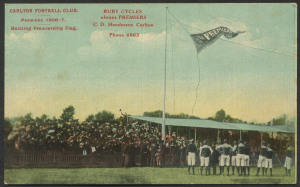 CARLTON - POSTCARDS: comprising coloured image of "Hoisting Premiership Flag" following 1906 Premiership, which became the first of the three successive premiership wins; also 1909 team photo by J.E. Barnes, and portrait image of Henry Archibald Donaldson with annotation on reverse stating that he played for Carlton (we cannot find evidence that he did), killed in action in France in 1917; G/VG. (3 items)