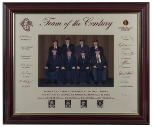 QUEENSLAND Team of the Century, display comprising a photograph of the eight living members wearing their Queensland Team of the Century Caps, surrounded by 8 original signatures & 4 facsimile signatures, limited edition 22/25, window mounted, framed & glazed, overall 68 x 79.5cm.