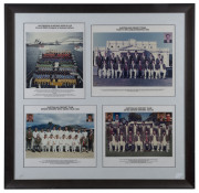 A DISPLAY OF AUSTRALIAN TEAM PHOTOGRAPHS, comprising four official team photographs - 1992 World Cup; 1994 Australian Tour to Sri Lanka & Pakistan; 1994-95 Ashes Series; and 1995 Australian Tour to West Indies; window mounted together, framed & glazed, ov