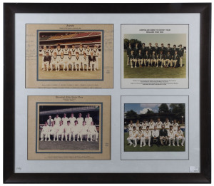 A DISPLAY OF TEAM PHOTOGRAPHS, comprising four official photographs - 1982 Australia Under 19 v Pakistan with 14 signatures on mount (including Mike Veletta, captain; Dodemaide, McDermott & Trimble); 1983 Australian Under 19 Tour to England; 1982-83 Queensland Colts; and 1990-91 Australian Prime Minister's XI; window mounted together, framed & glazed, overall 73 x 82cm.Provenance: The Craig McDermott collection.