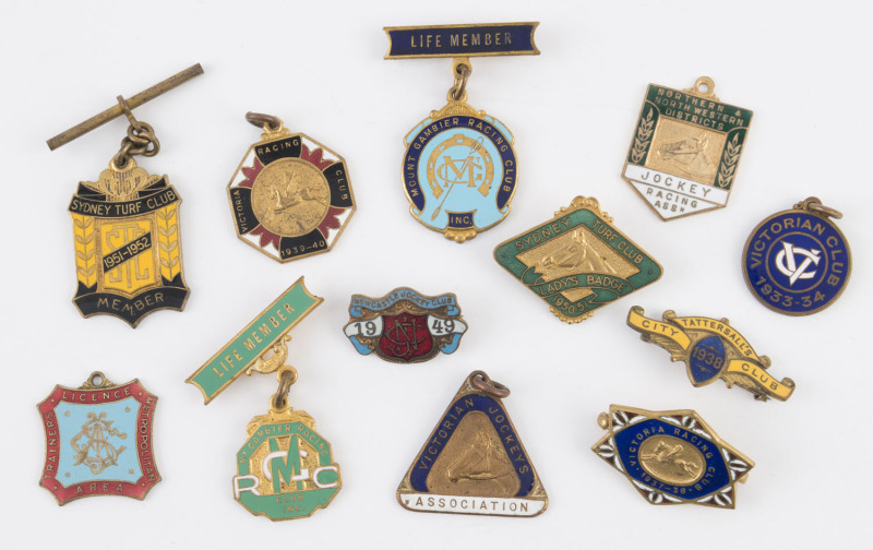 A range of membership badges & fobs including Victorian Racing Club 1937-38 and 1939-40, Tattersall's City Club 1938, Newcastle Jockey Club 1949, Sydney Turf Club 1951-52, Life Member Mount Gambier Racing Club (2 types) and 5 others. (12 items).