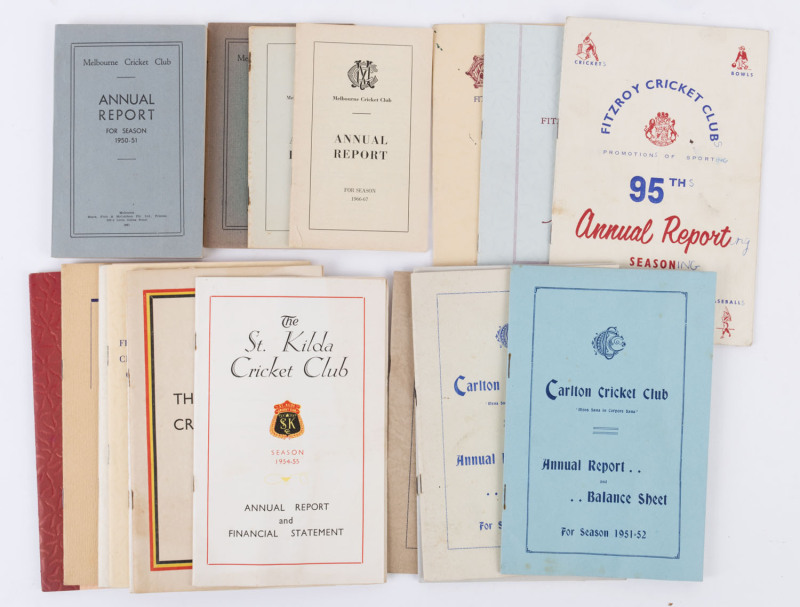 A collection of cricket club annual reports comprising of CARLTON C.C. (4, between 1951 - 55), FITZROY C.C. (9, between 1955 - 1967), MELBOURNE C.C. (4, between 1944 - 67) & ST.KILDA C.C. (3, between 1954 - 62). (Total: 20 items).