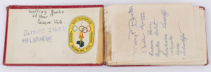 1956 Melbourne: small Melbourne Olympics autograph book; noted many foreign athletes. More than 150 signatures, most with details of country and sport.