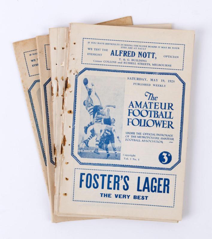 "THE AMATEUR FOOTBALL FOLLOWER" (Under the Official Patronage of the Metropolitan Amateur Football Association) [Published by A.R. Nichol, Little Bourke St., Melbourne]: 10 editions between May 1928 and August 1929. Mixed condition.The teams covered inclu