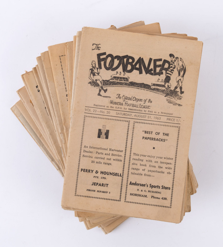 "THE FOOTBALLER" (The Official Organ of the Wimmera Football League) [Printed at the Office of the Wimmera Mail-Times, Horsham]: 34 editions  April 1960 and September 1965 including several Finals. Mixed condition.