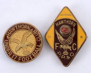 HAWTHORN FOOTBALL CLUB: A 1968 Past Players & Officials lapel badge; also, circa 1970s "Hawthorn Under 17 Football Club" lapel badge; both made by K.G. Luke. (2 items).