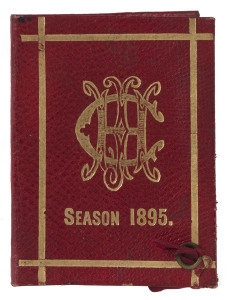 HAY JOCKEY CLUB: 1915 Membership card, red leather with gilt embossed logo and lettering; printed interior issued on a "Complimentary" basis which entitled the holder "and two ladies (or your family) to free admission to the Grand Stand....with the privil