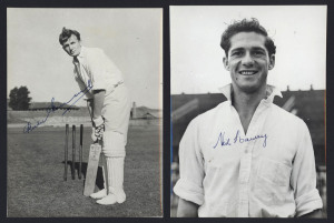 THE AUSTRALIAN TEAM IN ENGLAND: A complete collection of 20 x 15cm press photographs of sixteen playing members of the Touring Party with only Miller absent; each photograph with "AUSTRALIA HOUSE" handstamp verso together with affixed biographical details and every photograph signed in ink by the relevant player. Accompanying the photographs is a "Daily Express" postcard size photograph with facsimile signatures on reverse. (17 items).