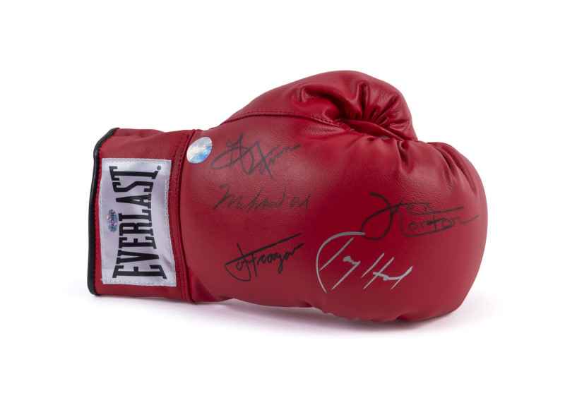 BOXING LEGENDS: 'Everlast' laced boxing glove signed by MUHAMMAD ALI, JOE FRAZIER, GEORGE FOREMAN, KEN NORTON & LARRY HOLMES, with Superstars & Legends CofA numbered #96752.