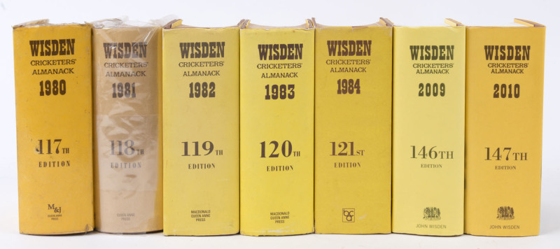 1980 to 2014 incomplete run "Wisden's Cricketers' Almanack" mostly hardbound comprising 1980-1985, 1987-1988, 1992 (softbound), 1994-1998 & 1999 (2, one softbound), 2001 (2), 2002 (2), 2003-2006, 2009-2012 & 2014; most 1980s issues with mild aging or dust