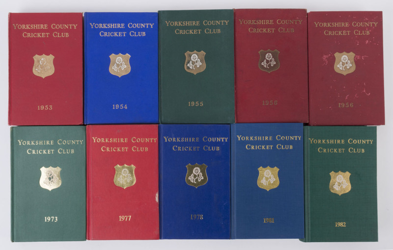 YORKSHIRE C.C.C. ANNUAL REPORTS: 1953, 1954, 1955, 1956 (2), 1973, 1977, 1978, & 1981 editions; some blemishes on 1950s issues, though hardbound bindings are intact. (9)