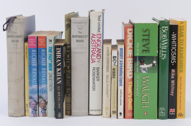 BALANCE OF A CRICKET LIBRARY: with 1980s-2000s hardbound biographies incl. Imran Khan "All Round View" (1988), "The Essential John Arlott" (1989), Alan Border "My Life Story" (1993), Ian Botham "Don't Tell Kath" (autobiography, 1994), Dickie Bird (umpire