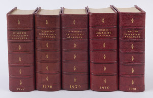 1974 to 1999 complete run of "Wisden's Cricketers' Almanack" softbound editions, all halfbound in maroon leather with gilt titles on spines; some with fluid stains to pages, a few with small abrasions to the leather covers, nevertheless will make handsome addition to any Wisden library. (26)