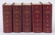 1974 to 1999 complete run of "Wisden's Cricketers' Almanack" softbound editions, all halfbound in maroon leather with gilt titles on spines; some with fluid stains to pages, a few with small abrasions to the leather covers, nevertheless will make handsom