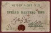 1866 Victoria Racing Club SPRING MEETING Honorary Ticket No.21 issued to P. Brady Esq., of the Railway Department. A framed and glazed piece of early Australian horse racing history. - 2