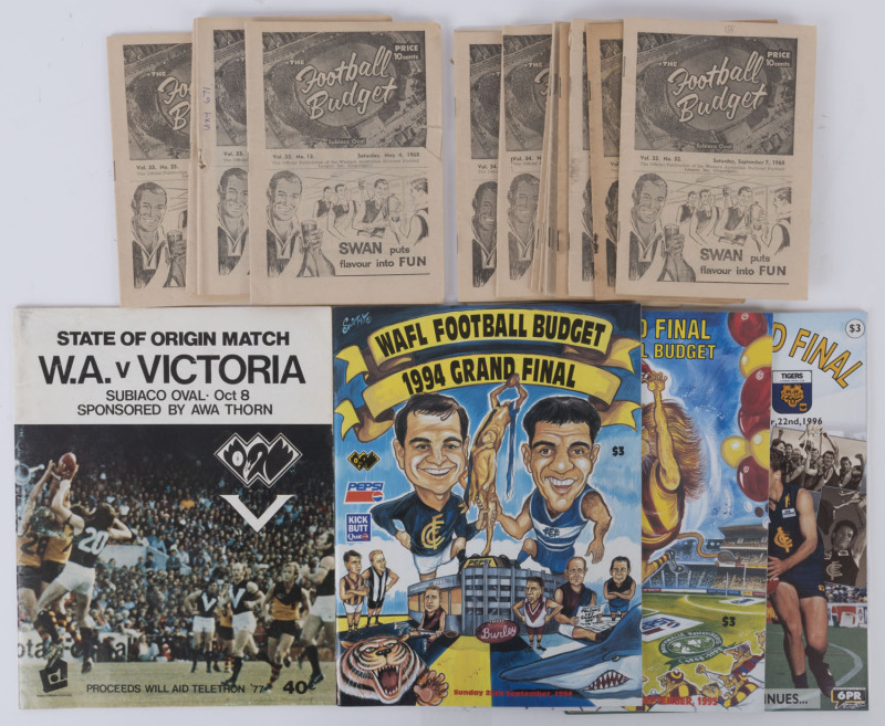 THE FOOTBALL BUDGET (WAFL): A range of issues from May 1968 to August 1969 in mixed condition; plus special editions for W.A. v Victoria 1977, 1994 Grand Final (Claremont v East Fremantle), 1995 Grand Final (Subiaco v West Perth) & 1996 Grand Final (East