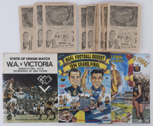 THE FOOTBALL BUDGET (WAFL): A range of issues from May 1968 to August 1969 in mixed condition; plus special editions for W.A. v Victoria 1977, 1994 Grand Final (Claremont v East Fremantle), 1995 Grand Final (Subiaco v West Perth) & 1996 Grand Final (East Perth v Claremont). (20 items).