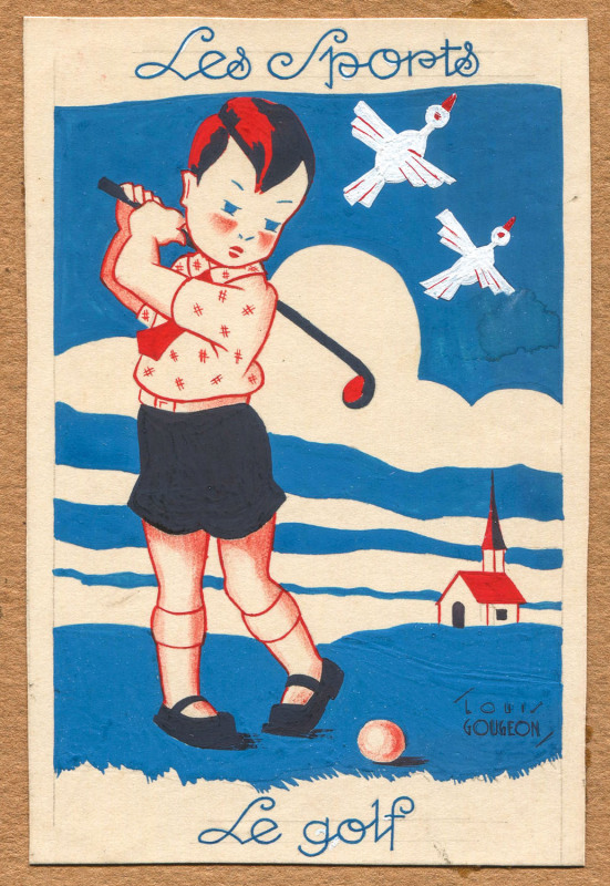 c.1935 "Les Sports" - a series of five gouache designs by French commercial artist Louis Gougeon, each (9.5 x 6.5cm), comprising L'aquaplane, La course à pied, Le golf, Le tennis & Le ski, each signed in the image by Gougeon, all laid down on original car