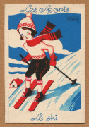 c.1935 "Les Sports" - a series of five gouache designs by French commercial artist Louis Gougeon, each (9.5 x 6.5cm), comprising L'aquaplane, La course à pied, Le golf, Le tennis & Le ski, each signed in the image by Gougeon, all laid down on original car - 3