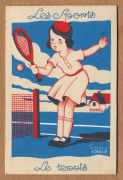 c.1935 "Les Sports" - a series of five gouache designs by French commercial artist Louis Gougeon, each (9.5 x 6.5cm), comprising L'aquaplane, La course à pied, Le golf, Le tennis & Le ski, each signed in the image by Gougeon, all laid down on original car - 4