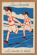 c.1935 "Les Sports" - a series of five gouache designs by French commercial artist Louis Gougeon, each (9.5 x 6.5cm), comprising L'aquaplane, La course à pied, Le golf, Le tennis & Le ski, each signed in the image by Gougeon, all laid down on original car - 6