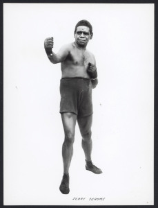 c.1915 monochrome photograph of Queensland-born indigenous boxer JERRY JEROME, 21.5 x16cm, blind-stamped impression of photographer Milton Kent (Sydney) at lower-right.Jerome was the first Indigenous Australian to win a major boxing title, claiming the Au