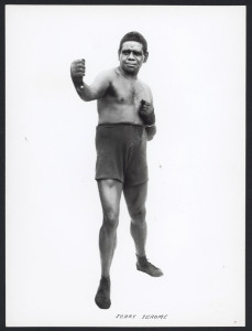c.1915 monochrome photograph of Queensland-born indigenous boxer JERRY JEROME, 21.5 x16cm, blind-stamped impression of photographer Milton Kent (Sydney) at lower-right.Jerome was the first Indigenous Australian to win a major boxing title, claiming the Australian Middleweight title in 1912.