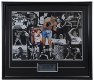 JOHNNY FAMECHON: collage of images showing the Australian World Champion's career highlights, central image signed by Famechon, framed and glazed, overall 66 x 76cm.