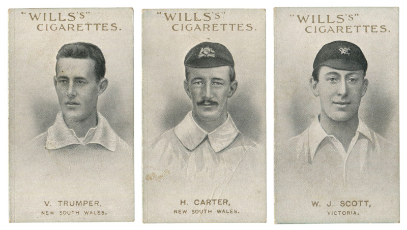 W.D. & H.O. WILLS: 1911 "Prominent Australian & English Cricketers" ("Capstan" & "Vice-Regal" backs) almost complete set [57/59]. Mainly G/VG. Cat.£850+.