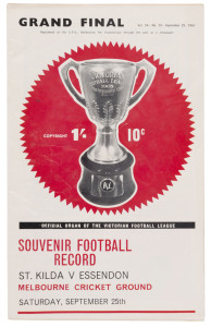 The Football Record: 1965 editions for 9 Home-and-Away Rounds, with 6 featuring St.Kilda; Also, the Interstate Match (Victoria v South Australia) and the Special editions for the 1965 1st Semi-Final (Geelong v Essendon); the 2nd Semi-Final (Collingwood v St.Kilda); the Prelim. Final (Collingwood v Essendon) and the Grand Final (Essendon v St.Kilda). (14 items).