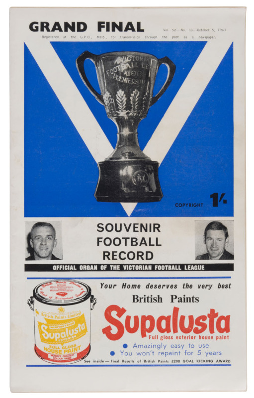 The Football Record: 1963 editions for 11 Home-and-Away Rounds, all featuring St.Kilda. Also, Special editions for the 1963 1st Semi-Final (Melbourne v St.Kilda); the 2nd Semi-Final (Hawthorn v Geelong); the Prelim. Final (Melbourne v Hawthorn) and the G