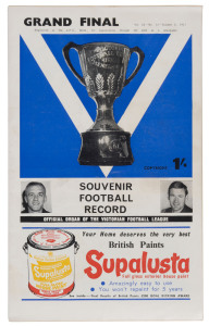 The Football Record: 1963 editions for 11 Home-and-Away Rounds, all featuring St.Kilda. Also, Special editions for the 1963 1st Semi-Final (Melbourne v St.Kilda); the 2nd Semi-Final (Hawthorn v Geelong); the Prelim. Final (Melbourne v Hawthorn) and the Grand Final (Hawthorn v Geelong). (15 items). Mixed condition.