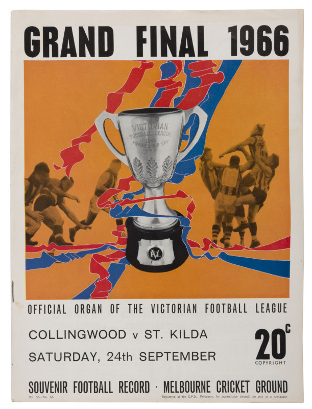 The Football Record: Special editions for the 1966 1st Semi-Final (Geelong v Essendon); the 2nd Semi-Final (Collingwood v St.Kilda); the Prelim. Final (St.KIlda v Essendon) and the Grand Final (Collingwood v St.Kilda). Also, two Home-and-Away issues. (To