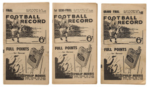 The Football Record: Special editions for the 1957 1st Semi-Final (Hawthorn v Carlton); the [Prelim.] Final (Hawthorn v Melbourne) and the Grand Final (Essendon v Melbourne). (Total: 3). Mixed condition.