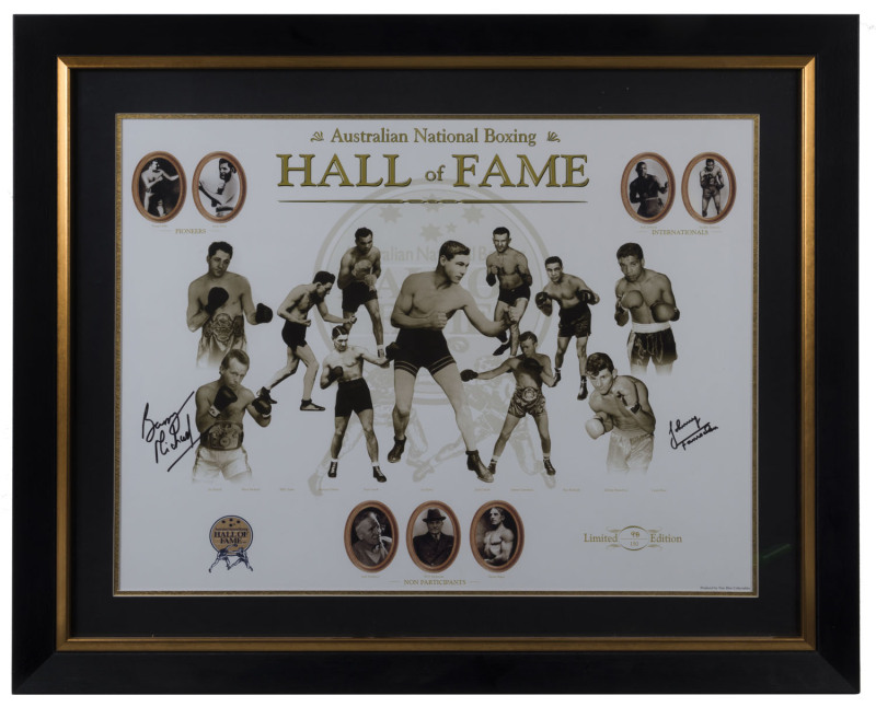 AUSTRALIAN NATIONAL BOXING "HALL OF FAME": limited edition print with images of Vic Patrick, Barry Michael, Billy Grime, Ambrose Palmer, Dave Sands, Les Darcy, Jack Carroll, Jimmy Carruthers, Ron Richards, Johnny Famechon & Lionel Rose; SIGNED BY FAMECHON