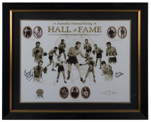 AUSTRALIAN NATIONAL BOXING "HALL OF FAME": limited edition print with images of Vic Patrick, Barry Michael, Billy Grime, Ambrose Palmer, Dave Sands, Les Darcy, Jack Carroll, Jimmy Carruthers, Ron Richards, Johnny Famechon & Lionel Rose; SIGNED BY FAMECHON & MICHAEL; numbered #98 of 150 produced, framed & glazed, overall 65 x 80cm.