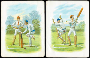 c1880s colourful trade cards "Cricket Injuries" (2), each 108x140mm. Believed to have been made in USA. G/VG.