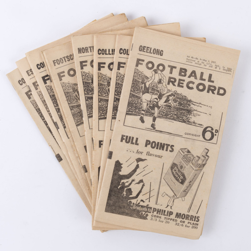 The Football Record: 1957 editions for the Home-and-Away Rounds, all featuring Collingwood: all different (Total: 10). Mixed condition. Collingwood finished the Home-and-Away Season in Fifth position on the ladder, with 9 wins, 8 losses and 1 draw.