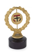 ST. KILDA: 1966 Premiership celebration, gilt metal plaque with "ST. KILDA FOOTBALL CLUB 1966 V.F.L. PREMIERS", and the cup surrounded by a wreath, mounted on stand; overall 14cm high. - 2